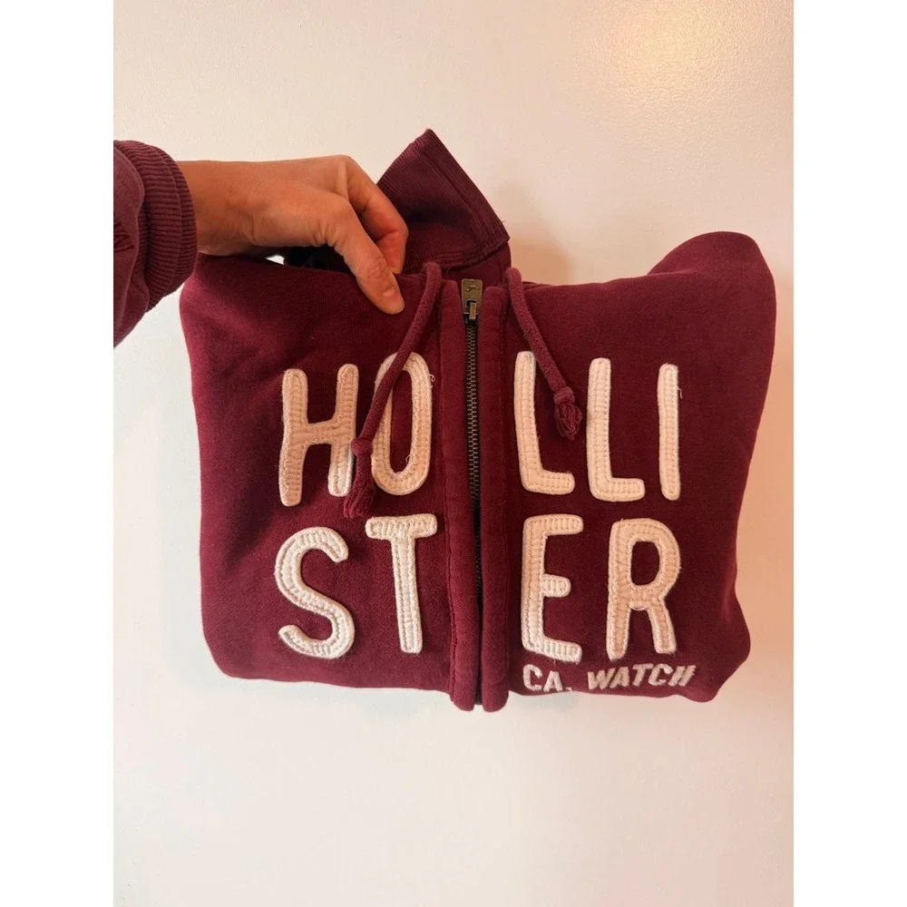 Y2K Hollister Hoodie Burgundy‎ Zip Up Sweater Unisex 2000s Red Sweater Graphic L